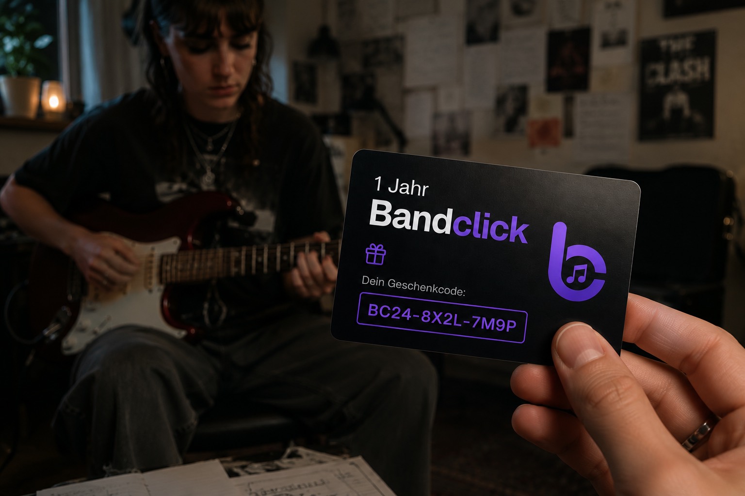 Bandclick-Geschenkkarte, im Hintergrund übt jemand Gitarre